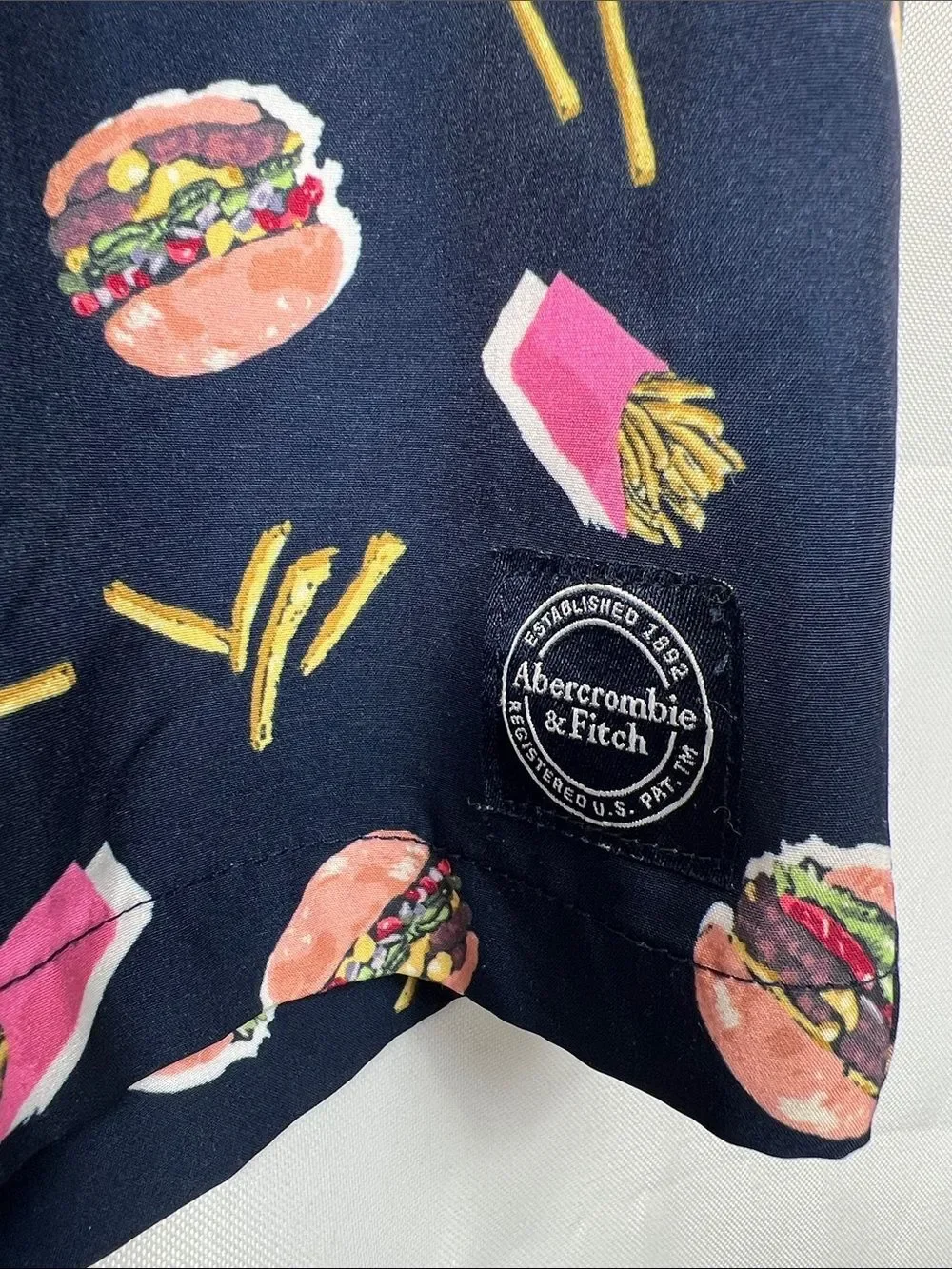 Abercrombie Kids Navy Blue Burger and Fries print swim performance casual shorts